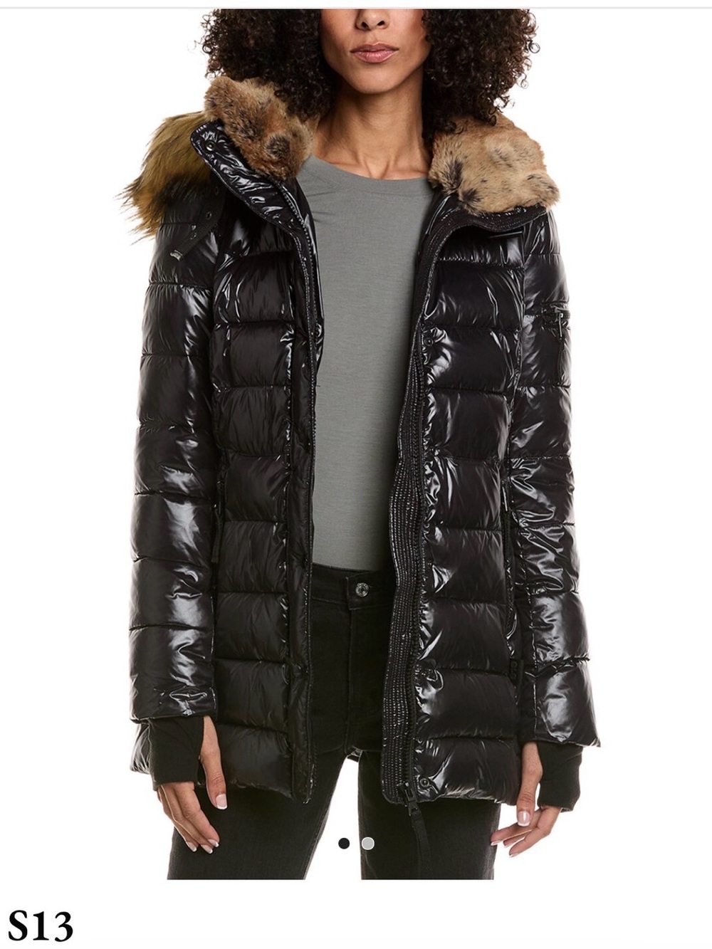 Glossy Black Quilted Puffer Coat with Faux Fur Trim